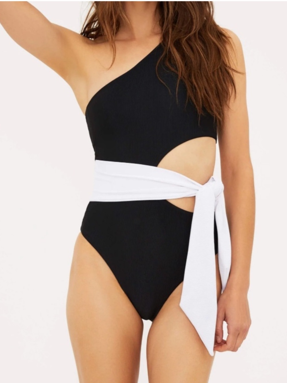 NWT Beach Riot One-Shoulder Black Swimsuit with White Waist Tie